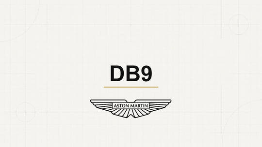 Aston Martin DB9 model name and Aston Martin manufacturer logo on a pale technical background