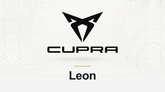 Cupra logo and Leon model name on a pale technical background