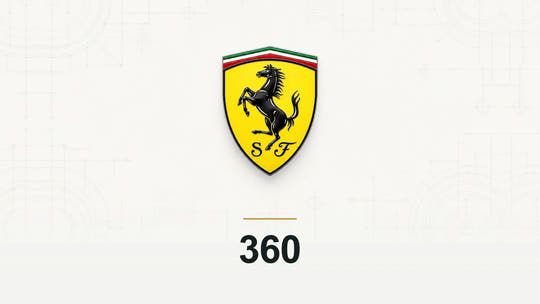 Ferrari logo and 360 model name on a pale technical background