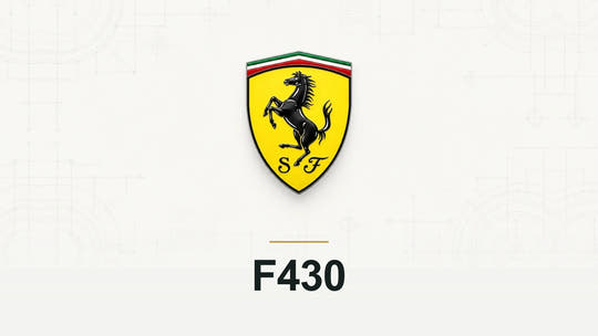 Ferrari logo and F430 model name on a pale technical background