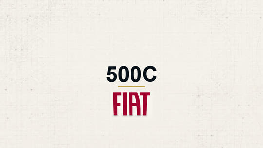 Fiat 500C model name with Fiat logo on a pale technical background