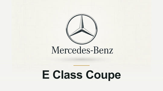 Mercedes-Benz logo and E Class Coupe model name on a pale technical background