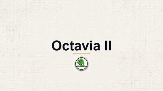 Skoda Octavia II model name with Skoda logo on a pale technical background