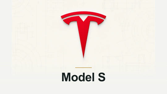 Tesla logo and Model S model name on a pale technical background