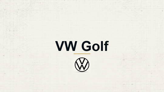 Volkswagen VW Golf model name with Volkswagen logo on a pale technical background
