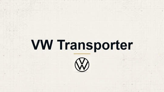 Volkswagen VW Transporter model name with Volkswagen logo on a pale technical background