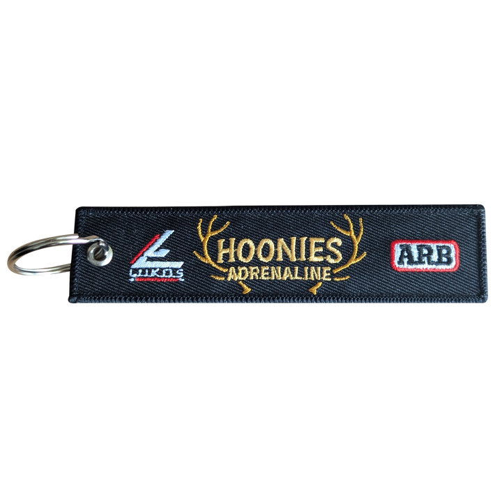 Hoonies Adrenaline Embroidered Keychain - Remove Before Flight Tag with Partner Logos