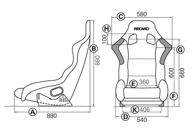 RECARO Profi SP-G XL race shell dimensions diagram