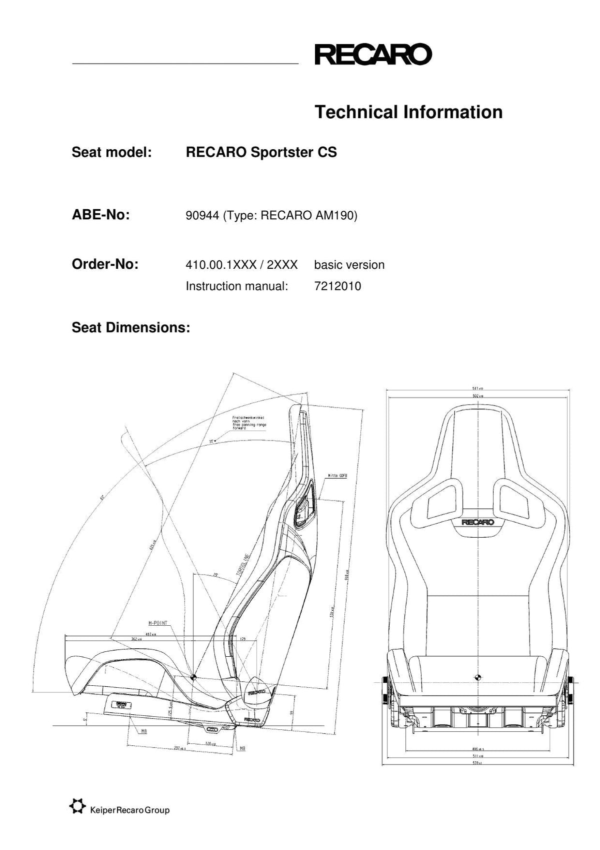 RECARO Sportster CS dimensions diagram
