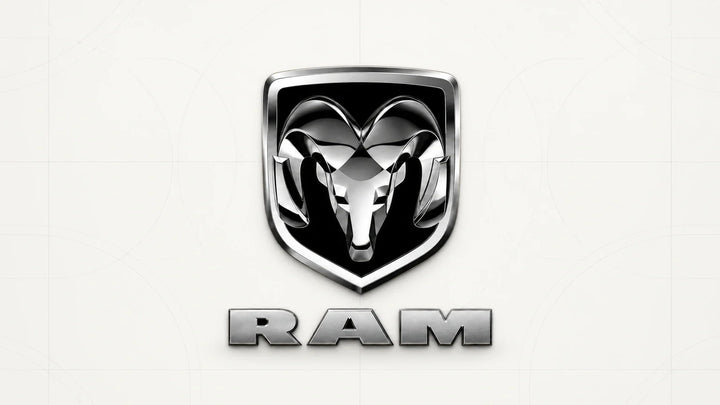 RAM manufacturer emblem and wordmark on a pale technical background