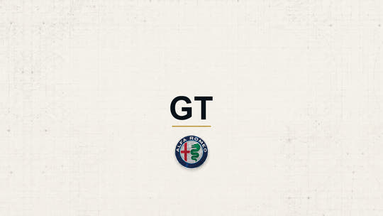 Alfa Romeo GT model name with Alfa Romeo logo on a pale technical background