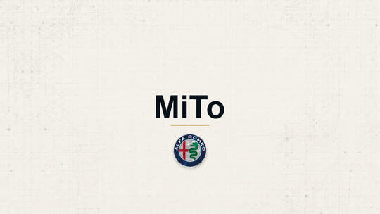 Alfa Romeo MiTo model name with Alfa Romeo logo on a pale technical background