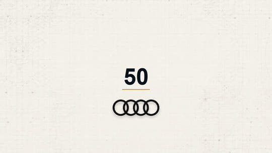 Audi 50 model name with Audi logo on a pale technical background