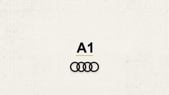 Audi A1 model name with Audi logo on a pale technical background