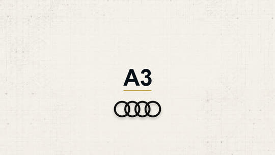 Audi A3 model name with Audi logo on a pale technical background