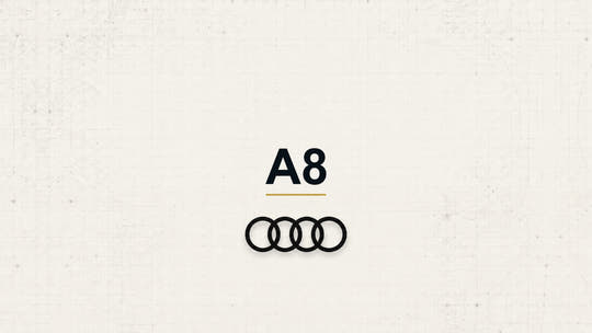 Audi A8 model name with Audi logo on a pale technical background