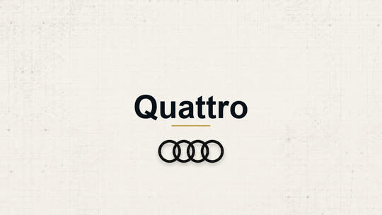 Audi Quattro model name with Audi logo on a pale technical background