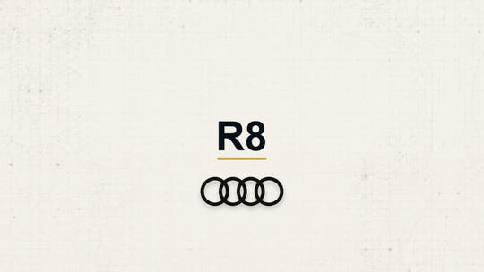 Audi R8 model name with Audi logo on a pale technical background