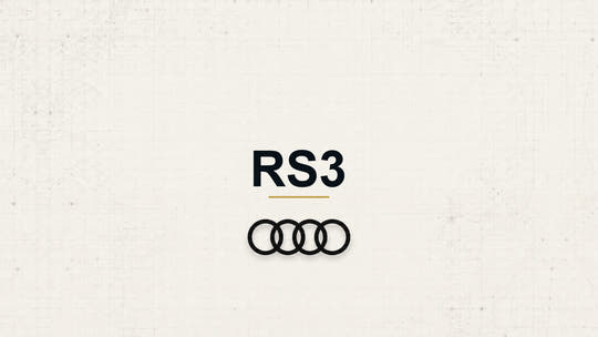Audi RS3 model name with Audi logo on a pale technical background