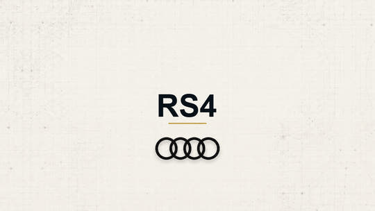 Audi RS4 model name with Audi logo on a pale technical background