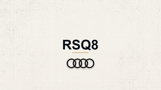 Audi RSQ8 model name with Audi logo on a pale technical background
