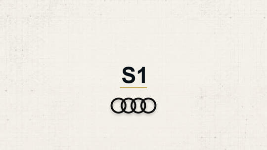 Audi S1 model name with Audi logo on a pale technical background