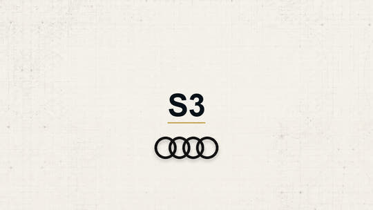 Audi S3 model name with Audi logo on a pale technical background