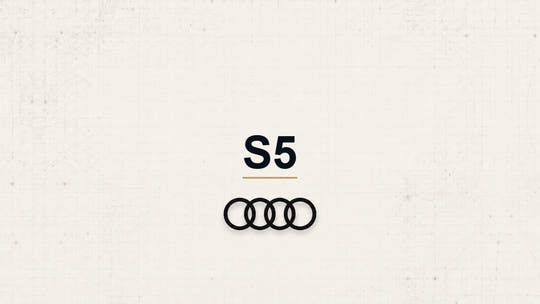 Audi S5 model name with Audi logo on a pale technical background