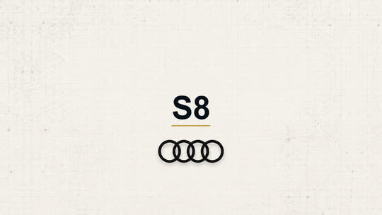 Audi S8 model name with Audi logo on a pale technical background