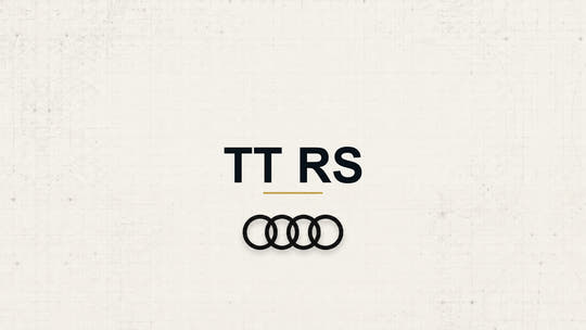 Audi TT RS model name with Audi logo on a pale technical background