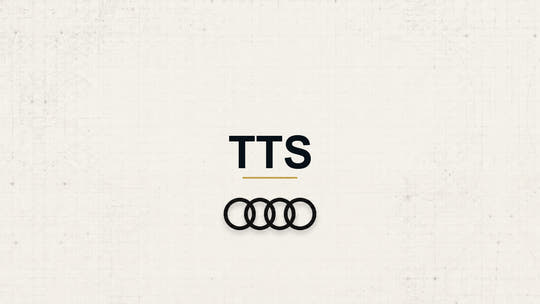 Audi TTS model name with Audi logo on a pale technical background