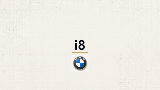 BMW i8 model name with BMW logo on a pale technical background
