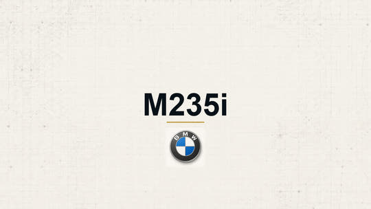 BMW M235i model name with BMW logo on a pale technical background