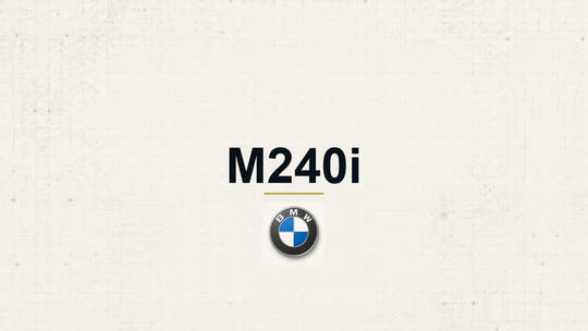 BMW M240i model name with BMW logo on a pale technical background