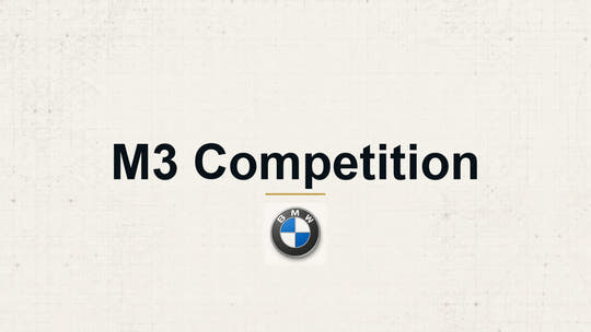 BMW M3 Competition model name with BMW logo on a pale technical background