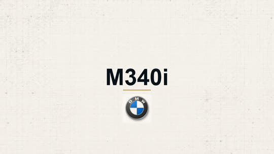 BMW M340i model name with BMW logo on a pale technical background