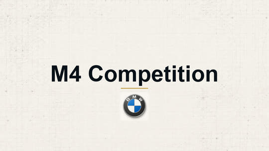 BMW M4 Competition model name with BMW logo on a pale technical background