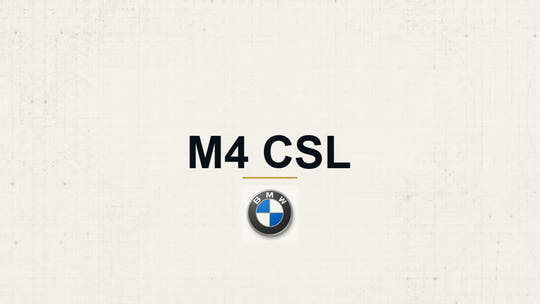 BMW M4 CSL model name with BMW logo on a pale technical background