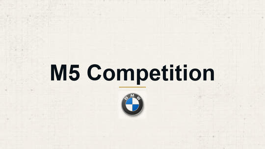 BMW M5 Competition model name with BMW logo on a pale technical background