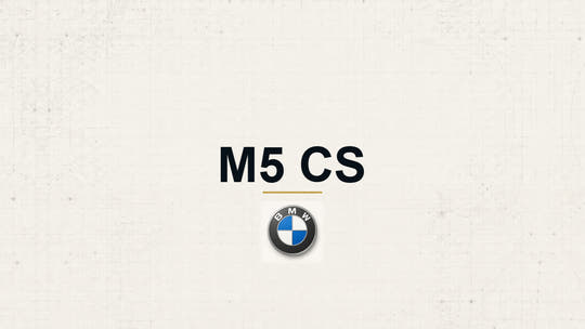 BMW M5 CS model name with BMW logo on a pale technical background