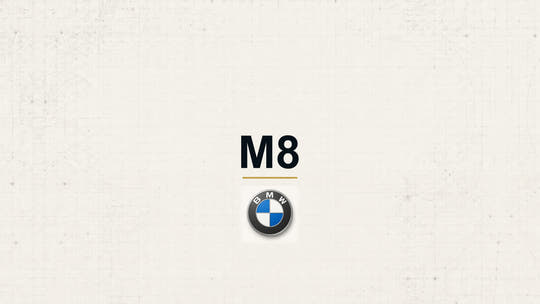 BMW M8 model name with BMW logo on a pale technical background