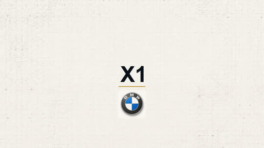 BMW X1 model name with BMW logo on a pale technical background