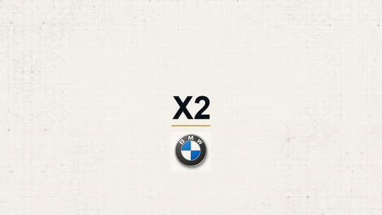 BMW X2 model name with BMW logo on a pale technical background