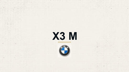 BMW X3 M model name with BMW logo on a pale technical background