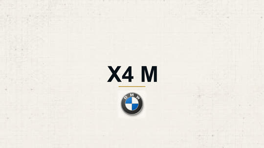 BMW X4 M model name with BMW logo on a pale technical background