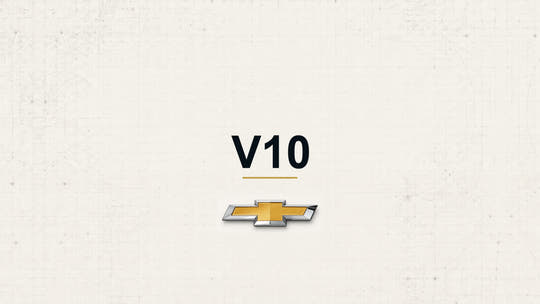 Chevrolet V10 model name with Chevrolet logo on a pale technical background