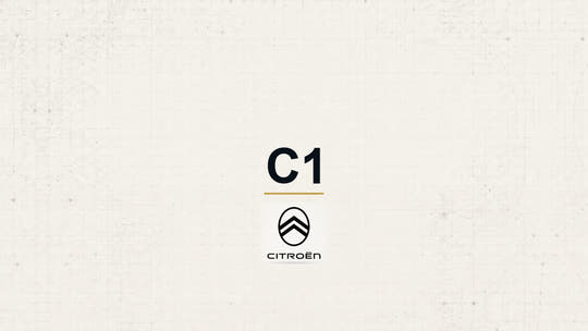 Citroen C1 model name with Citroen logo on a pale technical background