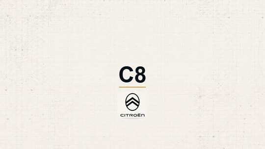 Citroen C8 model name with Citroen logo on a pale technical background