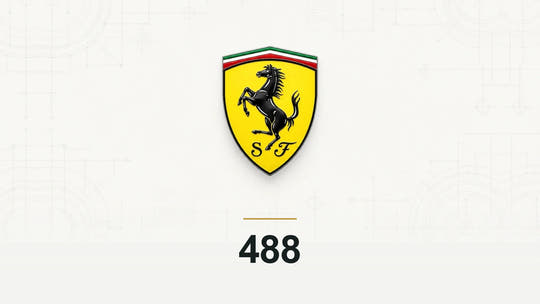 Ferrari logo and 488 model name on a pale technical background