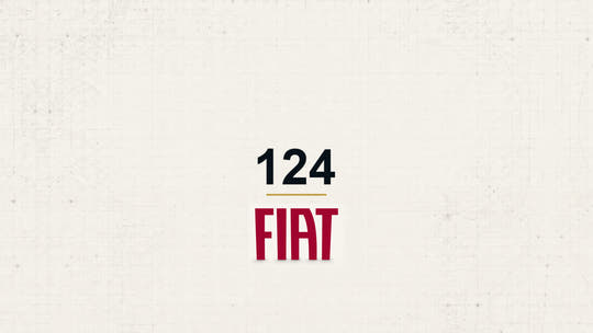 Fiat 124 model name with Fiat logo on a pale technical background